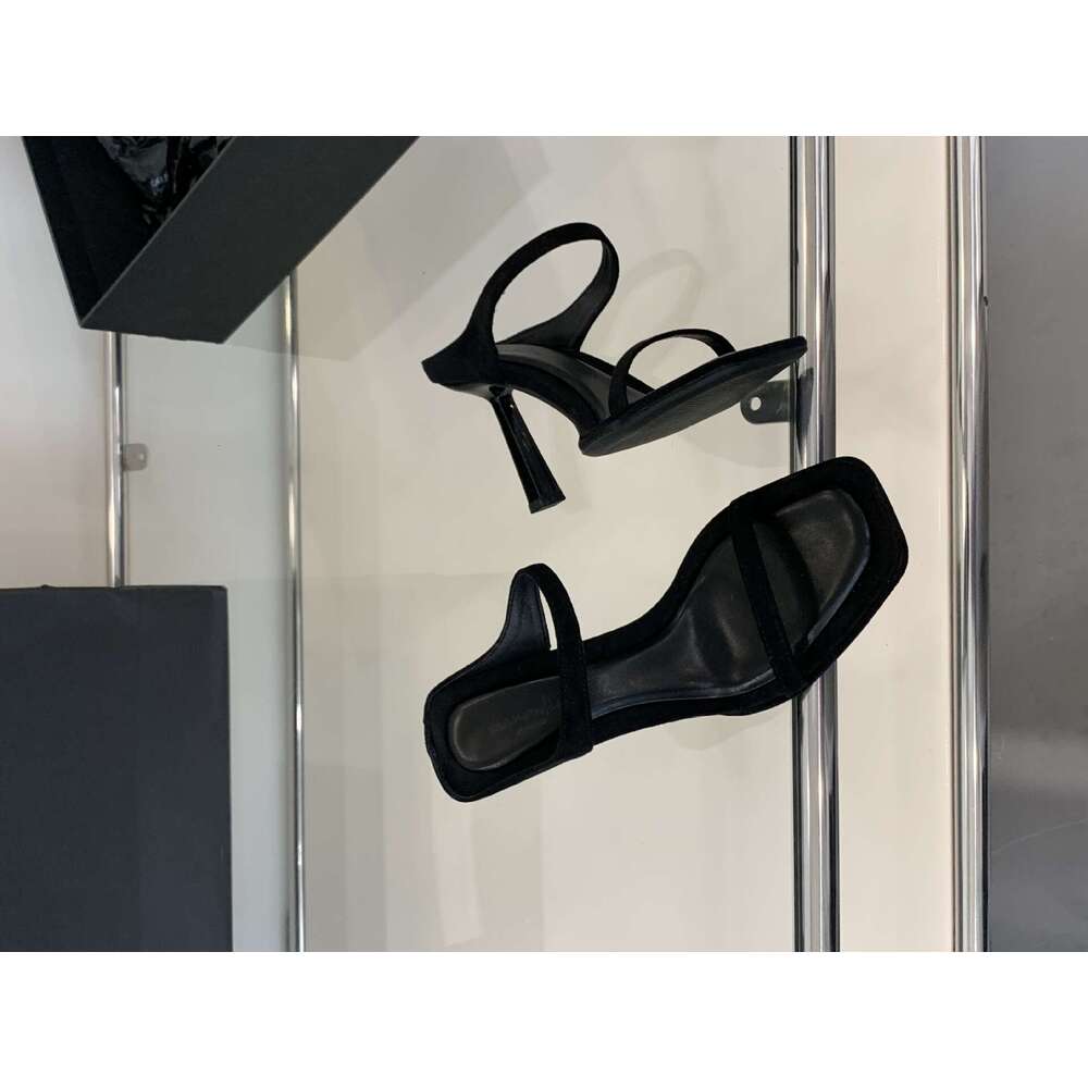 2025 Summer New High Sandals for Women Black Square Open Toe One Strap Thin Heel Designer Shoe Slippers Single Shoes