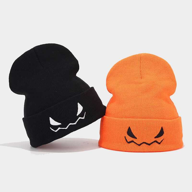 New Halloween Pumpkin Embroidered Orange Knitted Hat for Men and Women Mischievous Woolen Hoodie Trendy H251020