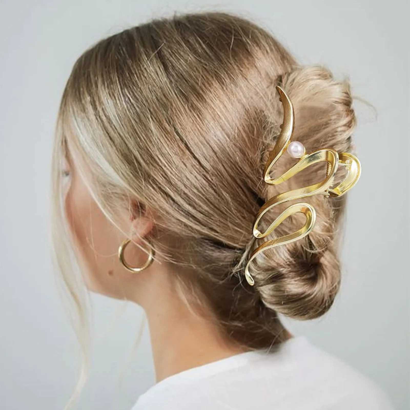 1PC Gold and Silver S Shaped Hair Clamps Pearl Accented Hair Accessories Trendy Clips for Womens Updo HairstylesW254021