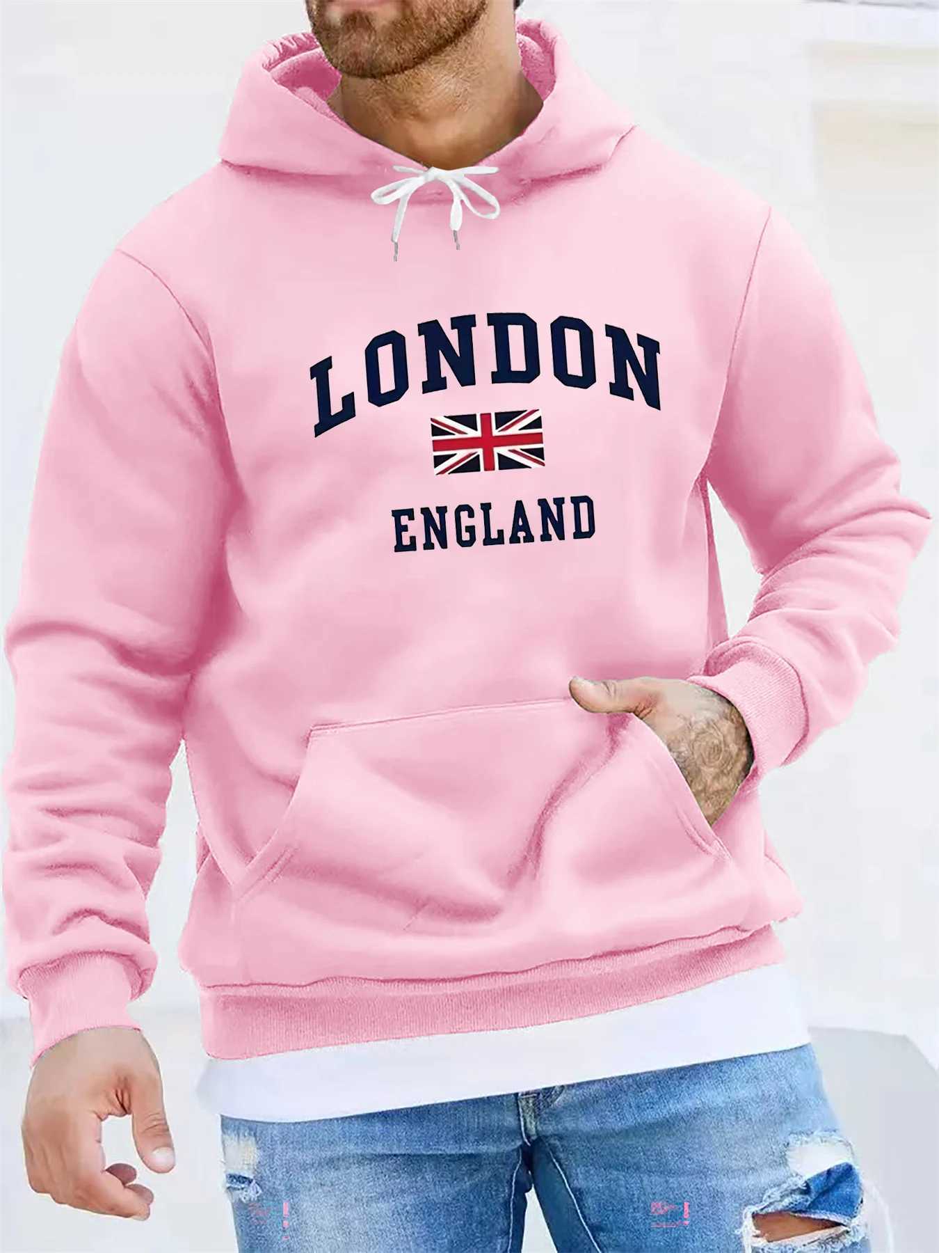 Mens autumn and winter casual fashionable loose hooded sweatshirt London England printed long sleeved warm pullover W251021