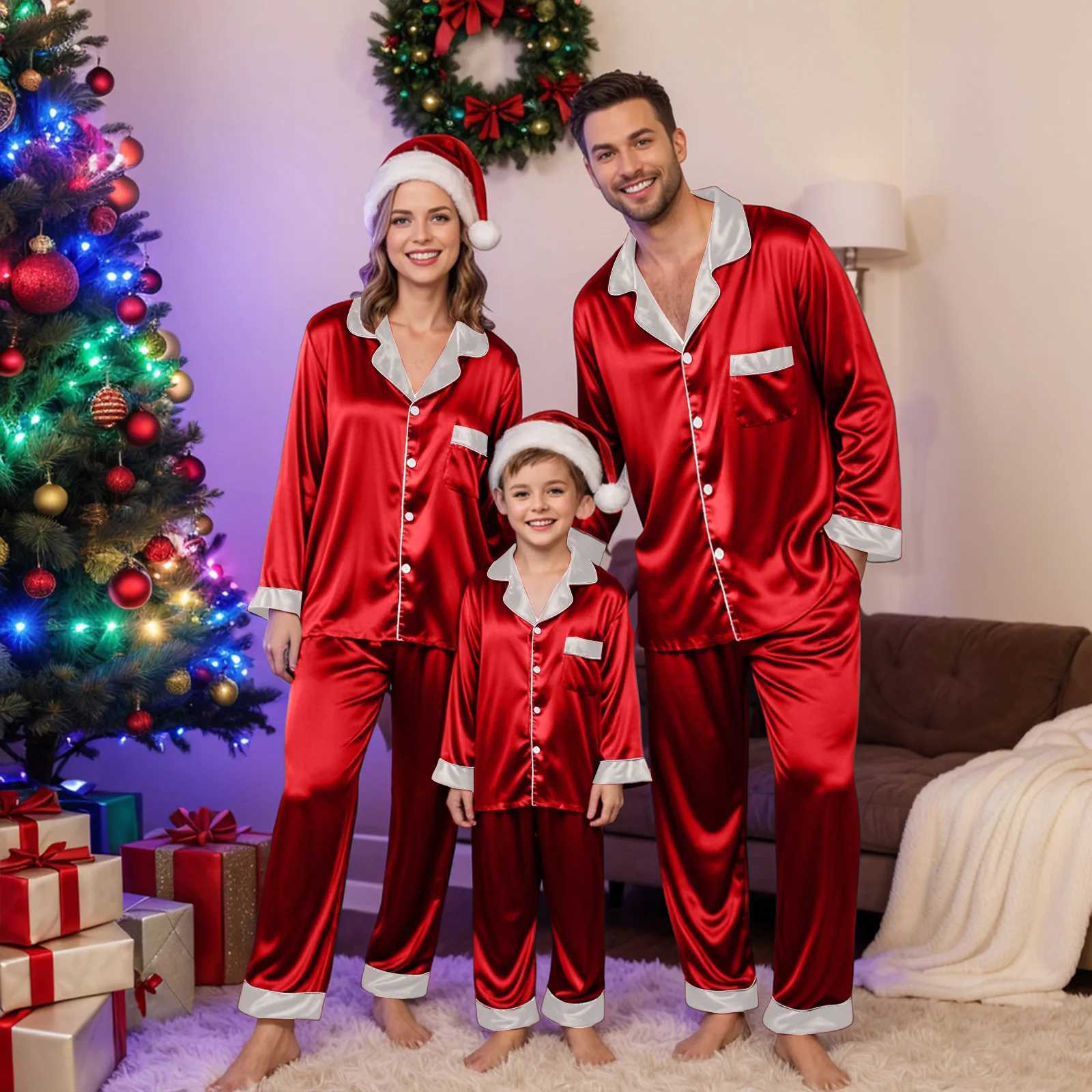 2025 Family Christmas Pajama Matching Sets Silk Satin Plus Size Casual Sleepyheads Home Wear Pajamas Holiday Hot Selling L251021ALPK