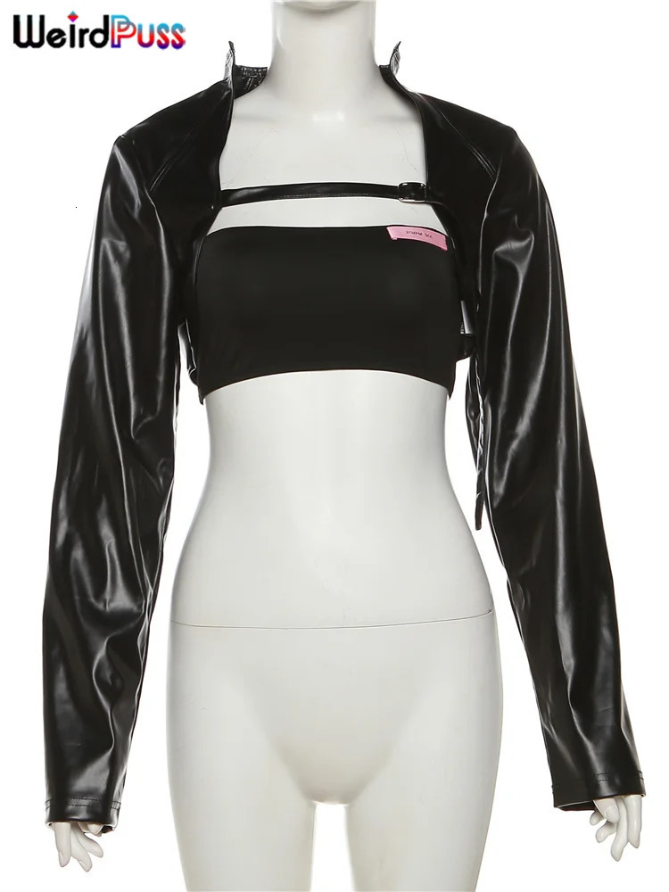 Weird Puss Extra Short Women JacketTube Tops Leather Stand Collar Chic Buckle Autumn Fashion Hipster High Street Y2K Crop 251021