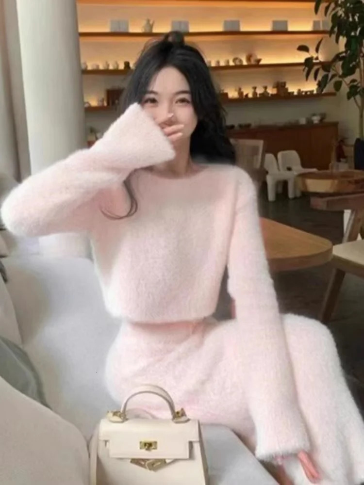 High End Soft Small Fragrant Style Mink Fur Knitted Sweater TwoPiece Set Women Temperament Long Skirt 2 Piece Outfits 251013