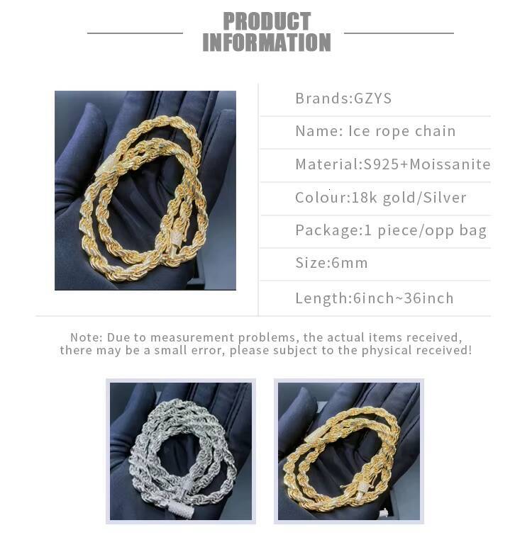 Wholesale S925 Silver Iced Out Miami Rope VVS D Colour Moissanite Cuban Link Fine Chains Necklaces for Men Hop Necklace