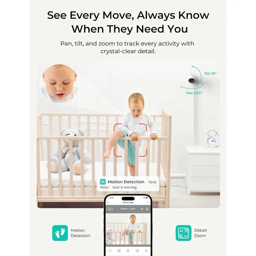 VistaView Lite Smart WiFi Baby Monitor with 2 Cameras 4 720P Split Screen 1080P Camera App Control Motion Alerts Night Vis J251121