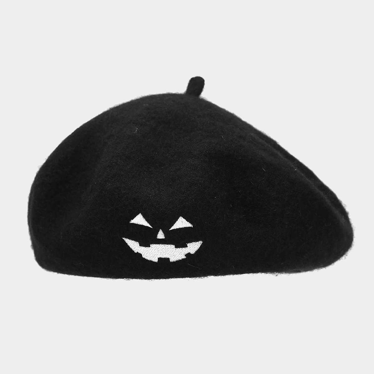 Skull Embroidery Halloween Hat for Women Trendy Personality Wool Beret Orange Pumpkin Hat H251020