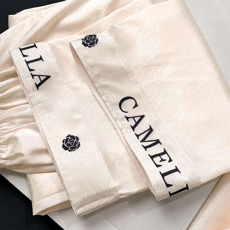 Ice Silk Pajamas for Women, Little Fragrance Style, Camellia, Spring Summer, Elegant High-end Feel, Letter Sleeve and Long Pants Homewear Set