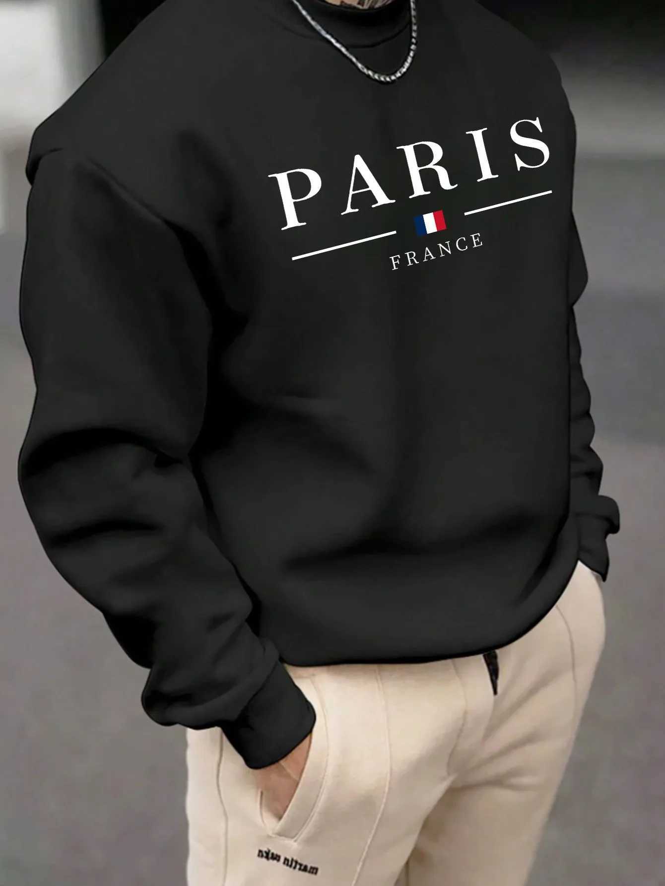 Mens autumn and winter fashionable casual loose Paris letter print fleece pullover long sleeved round neck sweatshirt W251021