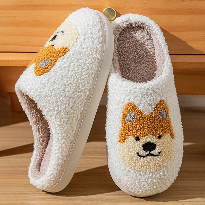 Cartoon Corgi Printed Home Slippers Women Winter Warm Soft Bottom NonSlip Plush Slippers Woman Indoor Flat Cotton Slides 251021