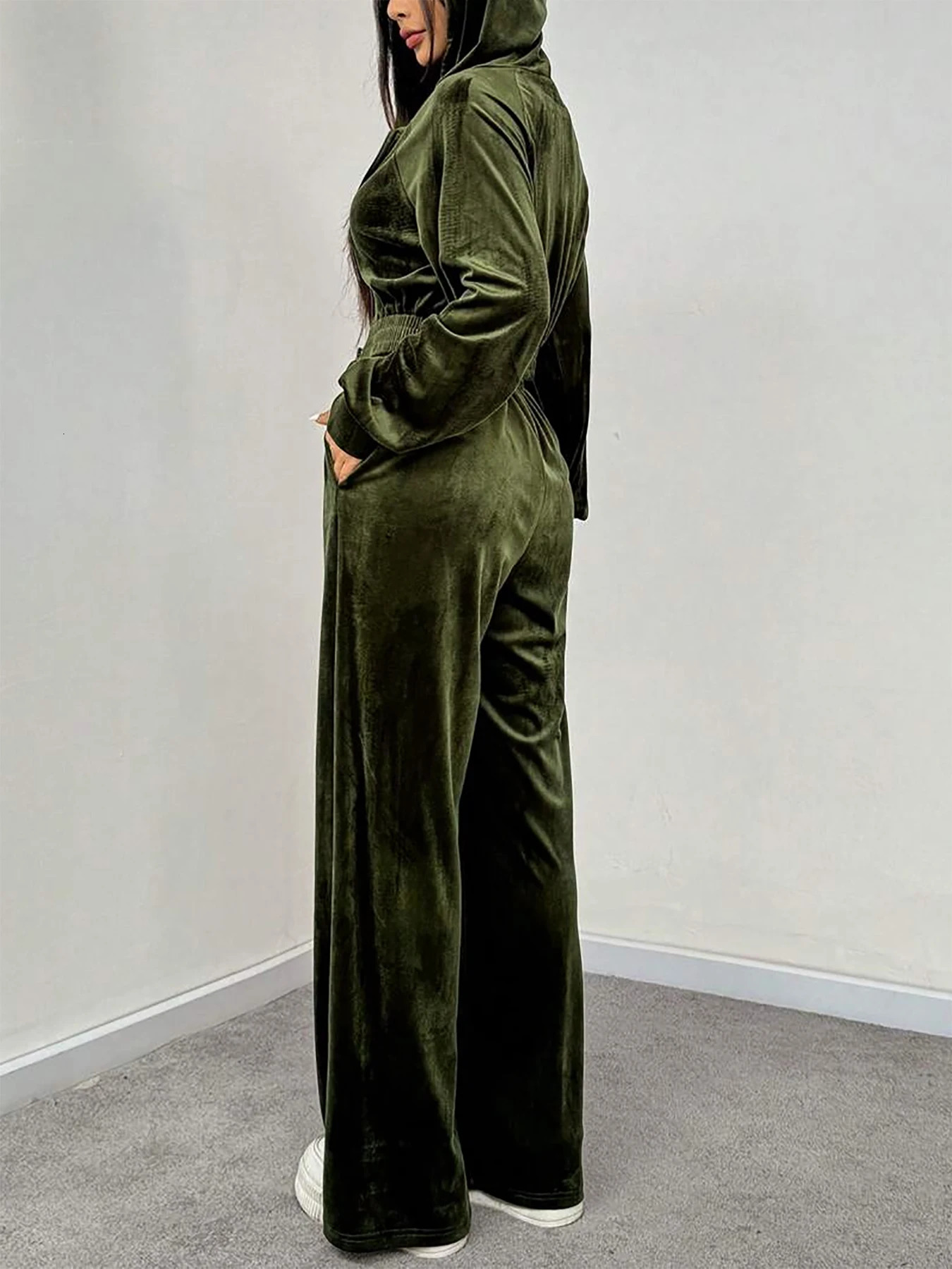 Womens Velvet Long Pants Set Autumn Winter Zipper Sweatshirt Loose Fit Casual Sportswear Plain Pattern 251021