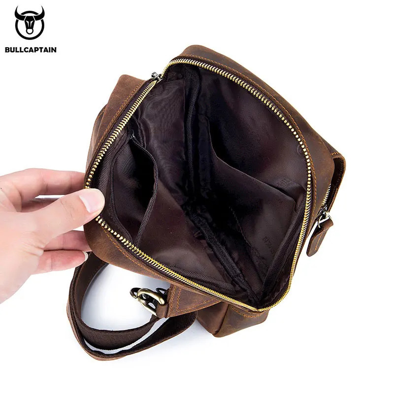 BULLCAPTAIN Mens Crossbody Bags Crazy Horse Leather Chest Bages Retro Zip Pocket Short Travel Bag 251014