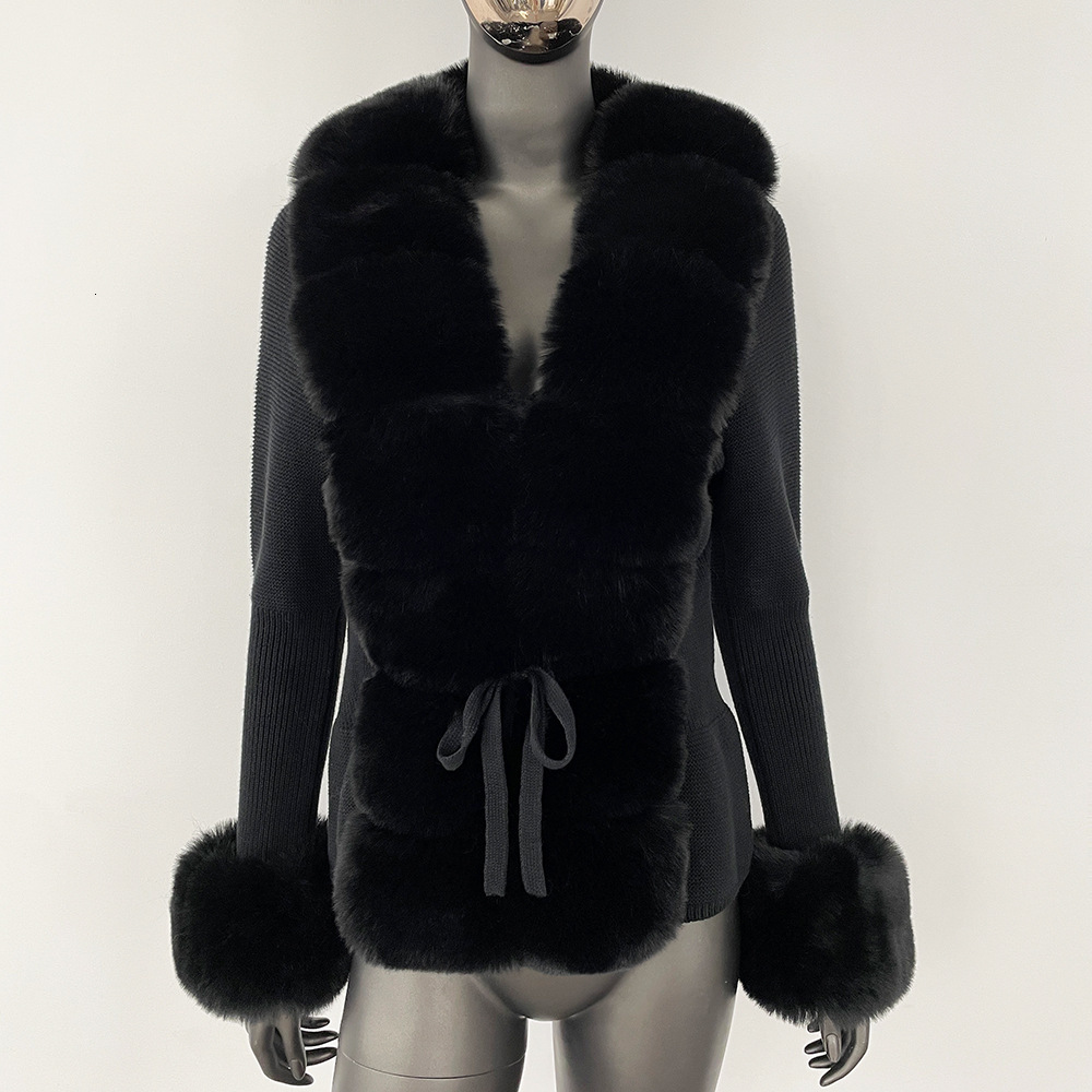 Fall Winter Women Faux Fur Coat Knitted Sweater Fur Cardigan Detachable Collar White Pink Jacket Faux Fur Coats 241106