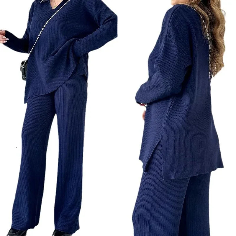 Two Piece Pant Sets Women Knit Sweater V Neck Full Sleeve Splice Loose Fit Trousers Matching Thick Pants Casual Office Lady 251021
