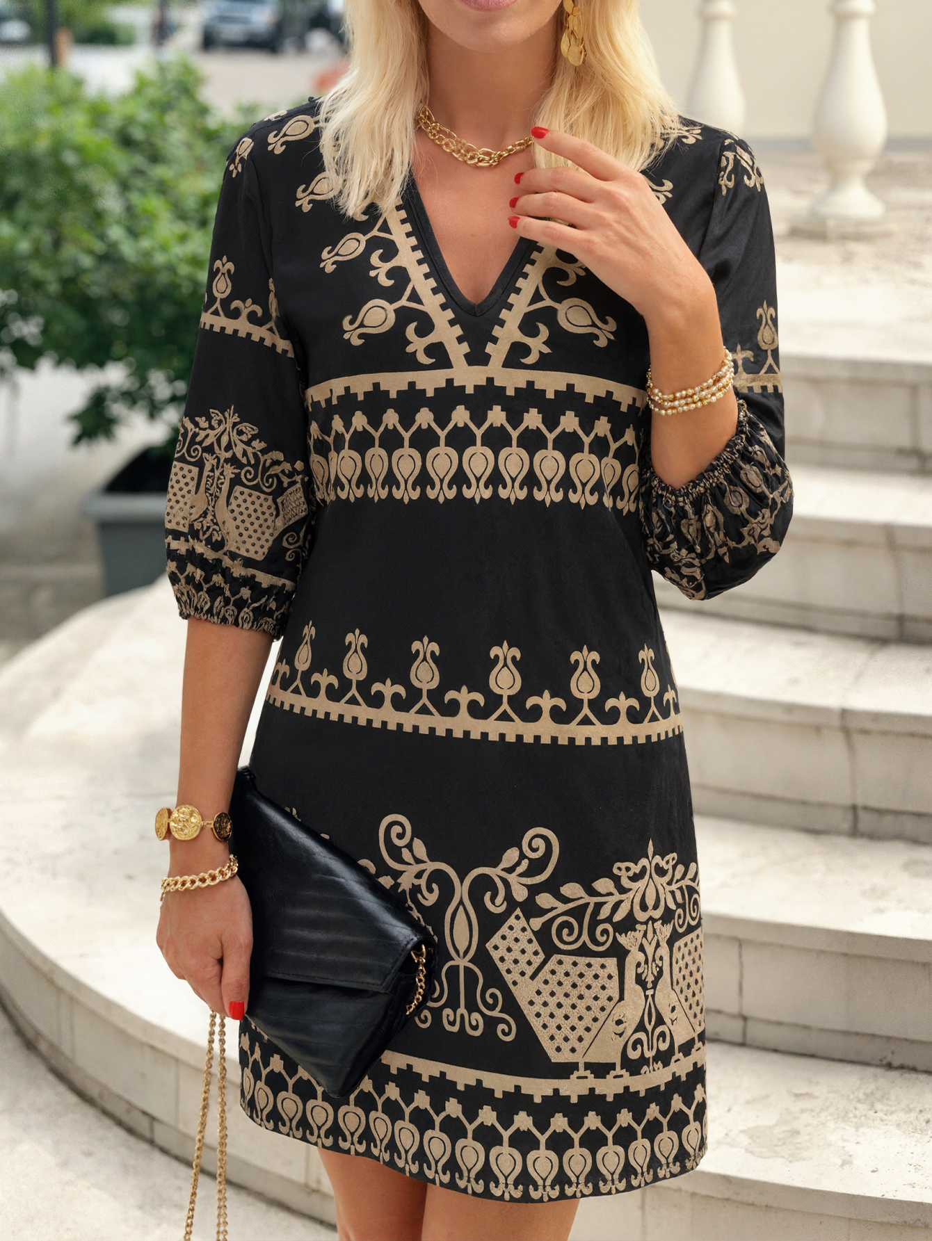 Women's Spring Summer Autumn New Ethnic Paisley Printed V-Neck 3/4 Sleeve Dress, Milk Silk Retro Elegant Office Casual Straight Dress-CF53957