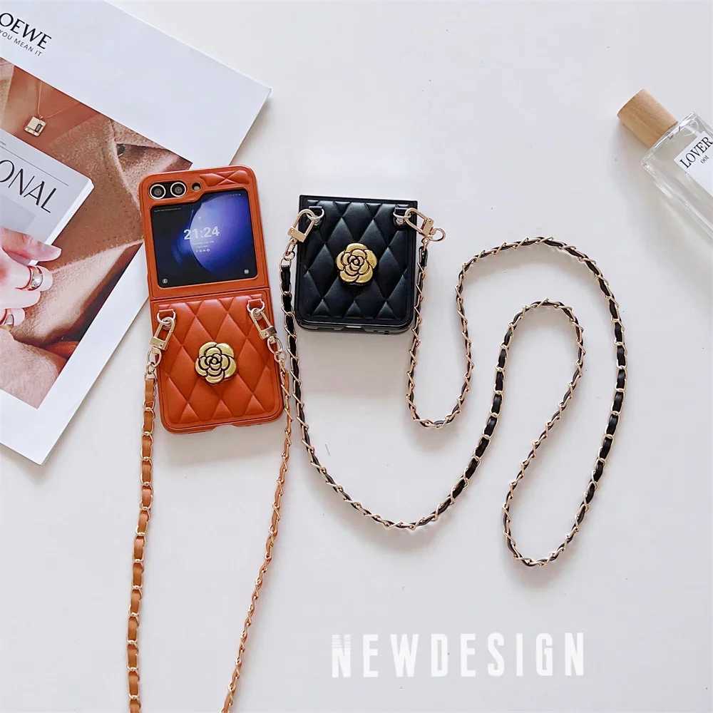 Leather Crossboby Phone Case for Galaxy Z Flip 7 6 5 4 3 Flip5 Flip4 Flip7 5G Chain Cord Rope Strap Shockproof Cover J251114