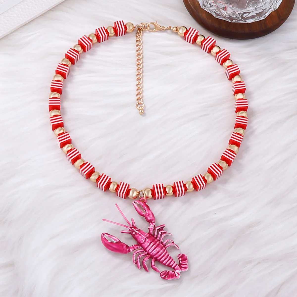 Trendy Bohemian Beach Colorful Handmade Beaded Alloy Lobster Pendant Necklace XJ250717