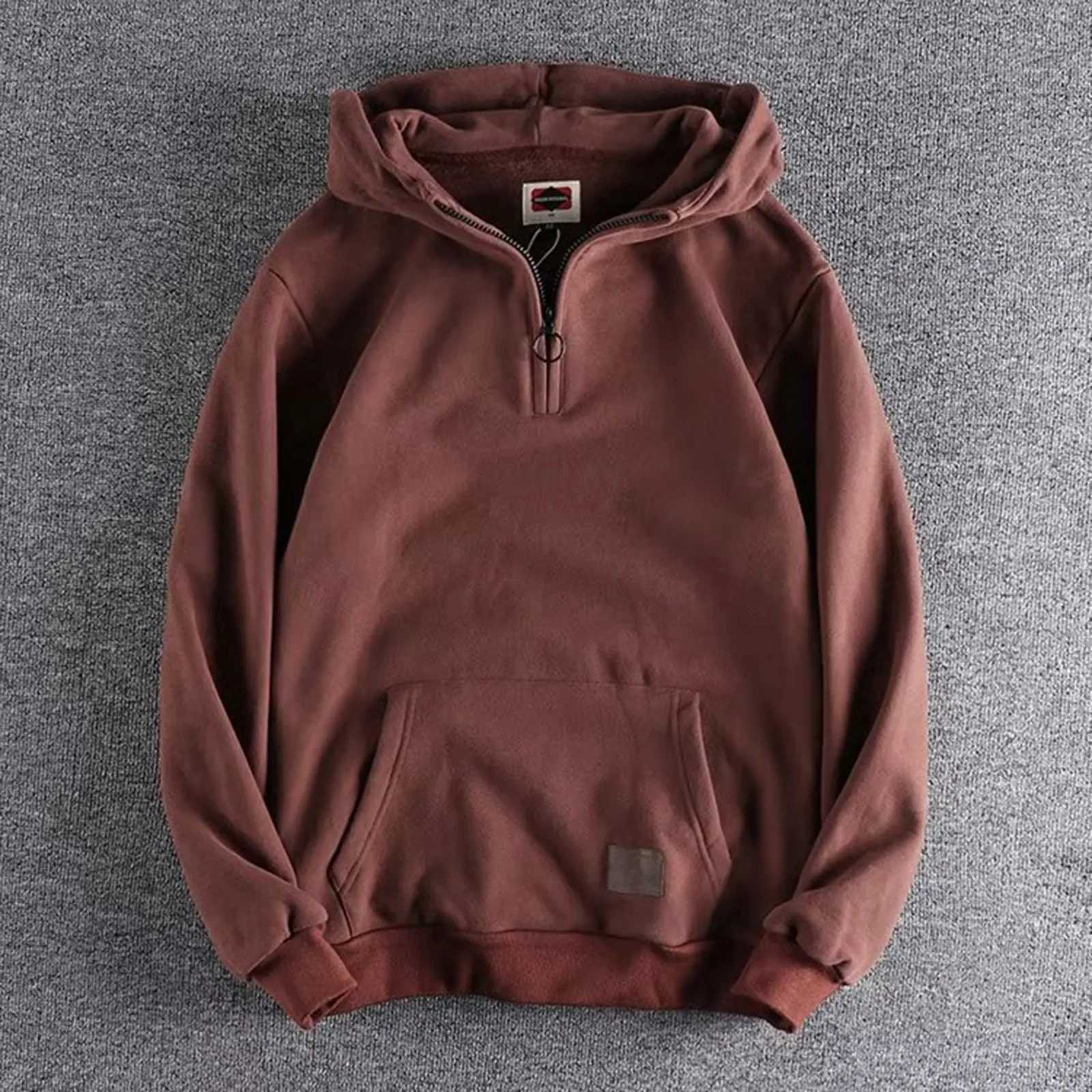 Mens Half Zip Hoodie Vintage Heavyweight Pullover Stylish Streetwear Jacket Trendy Casual Outfit Warm Layered Clothing W251021