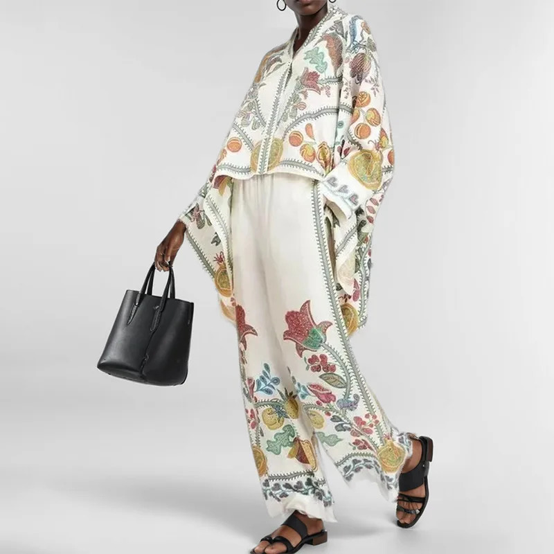 Elegant Womens Irregular Geometric Print Pants Sets Long Sleeve Oversized Shirts and Wide Leg Stylish Streetwear Suit 251021