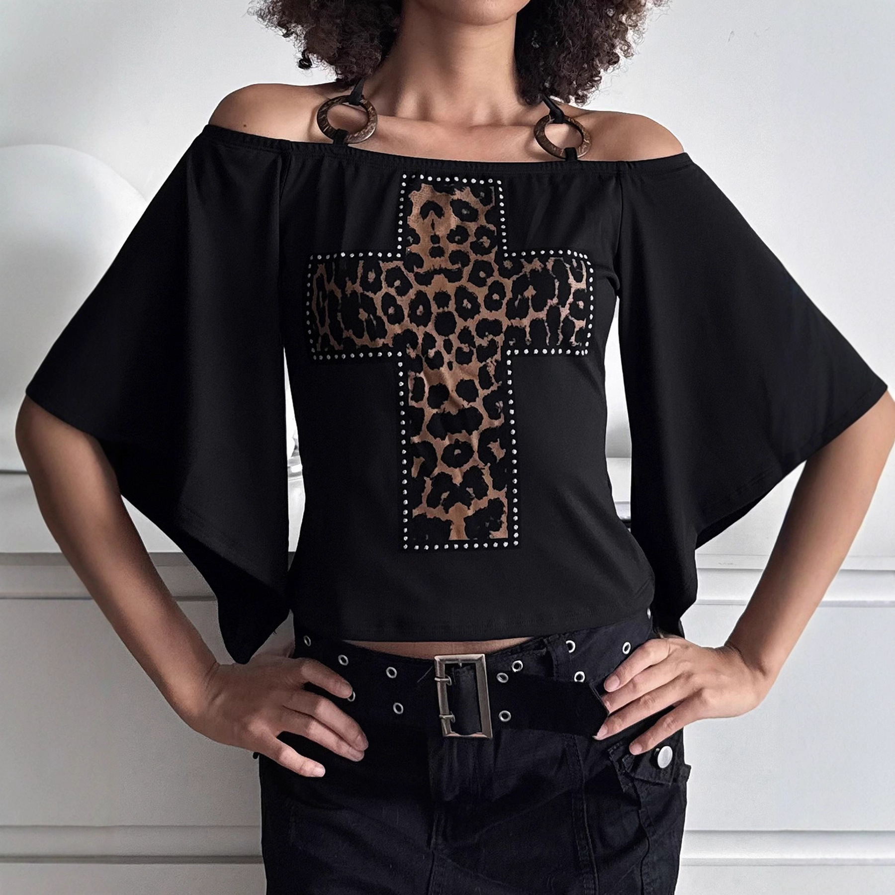 2025 dark leopard print splicing cross slim fit off shoulder women's T-shirt, American designer retro bell sleeves, autumn and winter new fashion