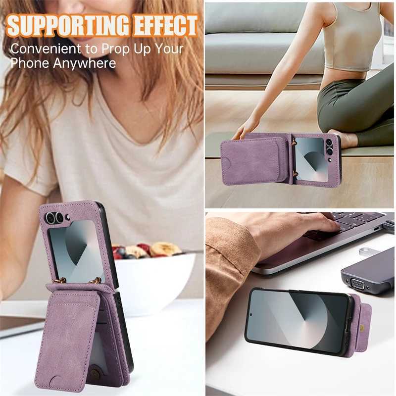 Leather Wallet Card Holder Case for Galaxy Z Flip 7 6 5 4 3 ZFlip Flip6 Flip5 Flip7 with Crossbody Lanyard Bag Cover J251114