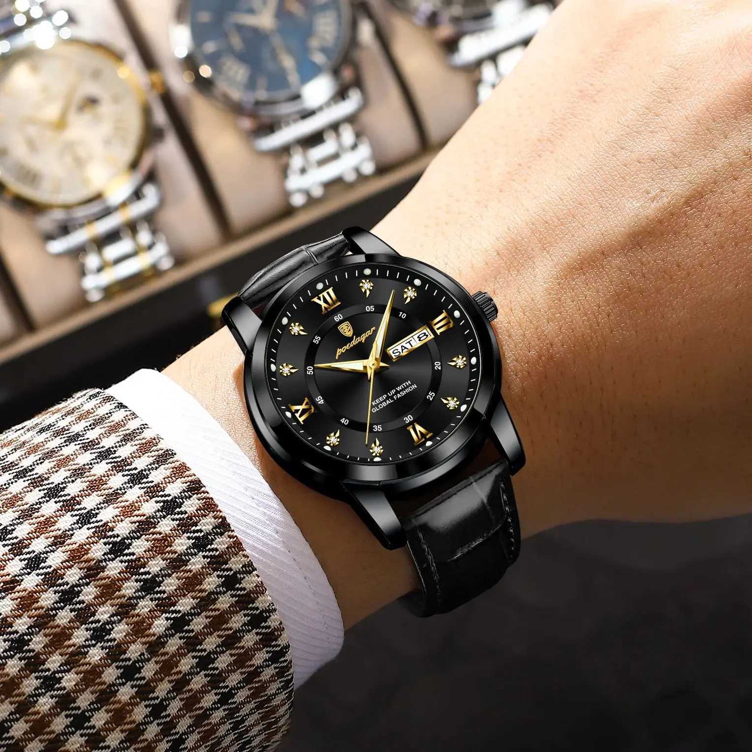 POEDAGAR Luxury Brand Male Clock Waterproof Luminous Leather Busin For Man Date Week Fashion Mens Quartz es RelojXJ251021