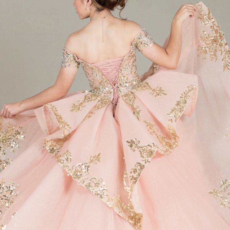 Pink Quinceanera Dresses Ball Gown Off The Shoulder Gold Applique Lace Tull Puff Sleeve Party Birthday Sweet 16 Dress Vestidos De 15 Anos