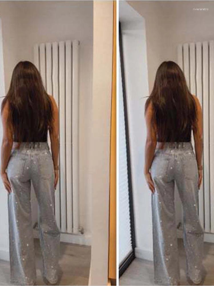Women's Jeans Y2K Sequin Straight Zipper Wide Leg Women Loose Casual Denim Pants 2025 Spring Summer Female Trousers High Street Clothes Z260313