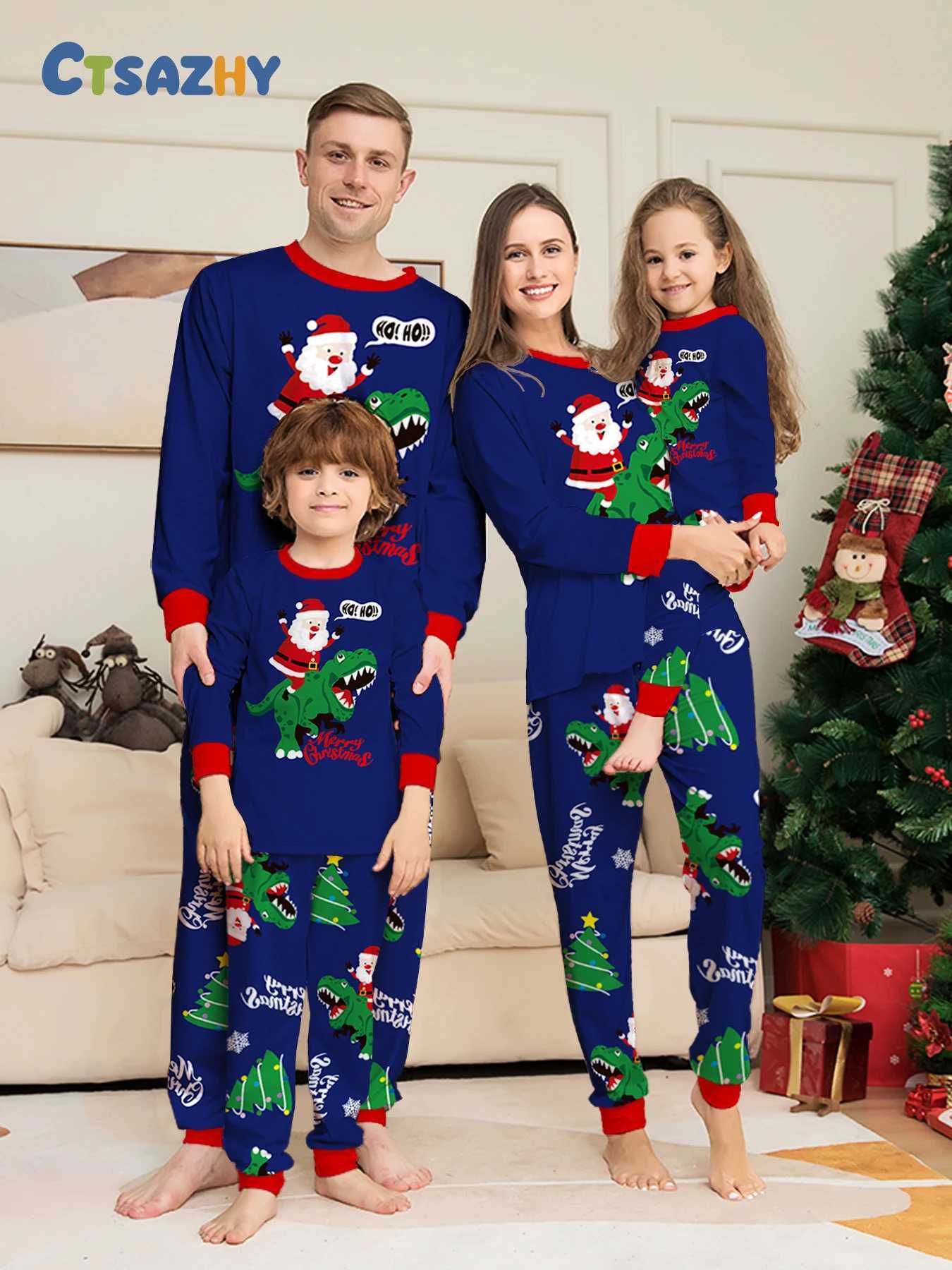 Parent Child Christmas Pajamas Set Navy Red Santa Dinosaur Merry Christmas Prints L2510212J3W