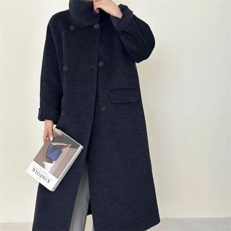 LANMREM Stand Collar Navy Blue Womens Doublefaced Woolen Coat Raglan Sleeve Double Breasted Autumn Winter Clothing 2DB4773 251017