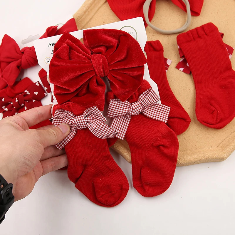 2Pcs Cute Baby Headbands Socks Red Christmas Hair Bands for Infant Short Sock Korean Dot Plaid Heart Print Bow Headwear 251021