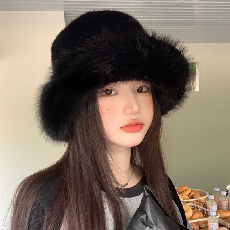 Autumn Winter Plush Hat Faux Fur Mink Fur Warm Feel Women Slimming Windproof Hat Large Brim H251020