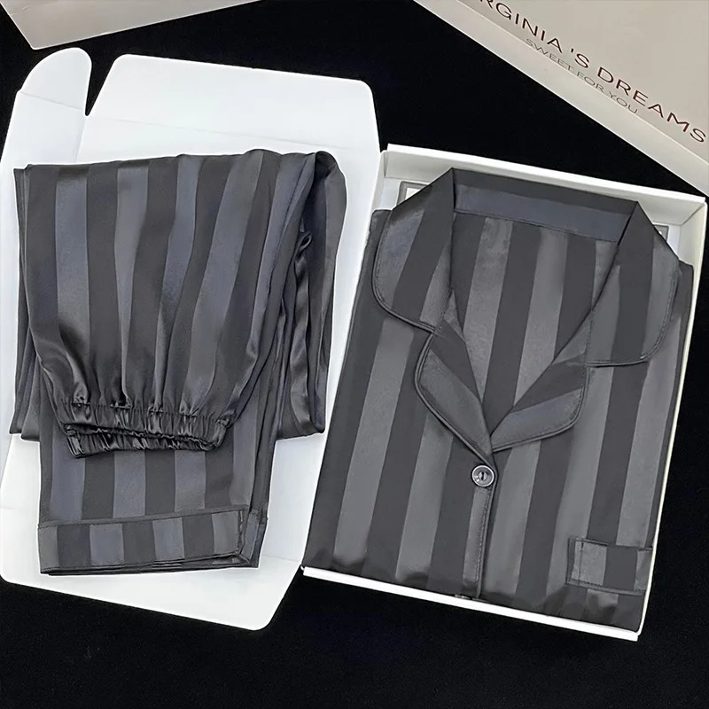 Womens Pajamas Sets Spring Autumn 2 Piece Striped Pyjama Faux Silk Satin Sleepwear Long Sleeve Button Pijama Mujer Pjs Homewear 251021