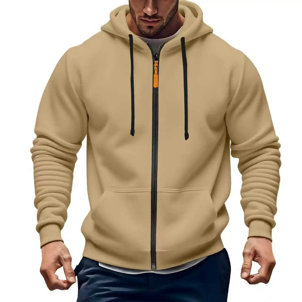 FallWinter selling Casual Fashion Mens Solid Color Zippered Sweatshirt Thick Long Sleeve Hooded Pockets Style HighQualit 251016