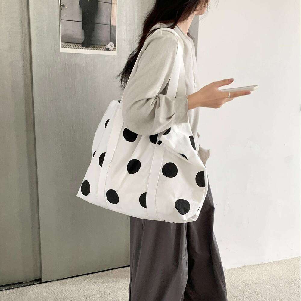 Korean Style Large Capacity Tote New Trend Simple Shoulder Women Fashion Design Polka Dot Canvas Bag B5