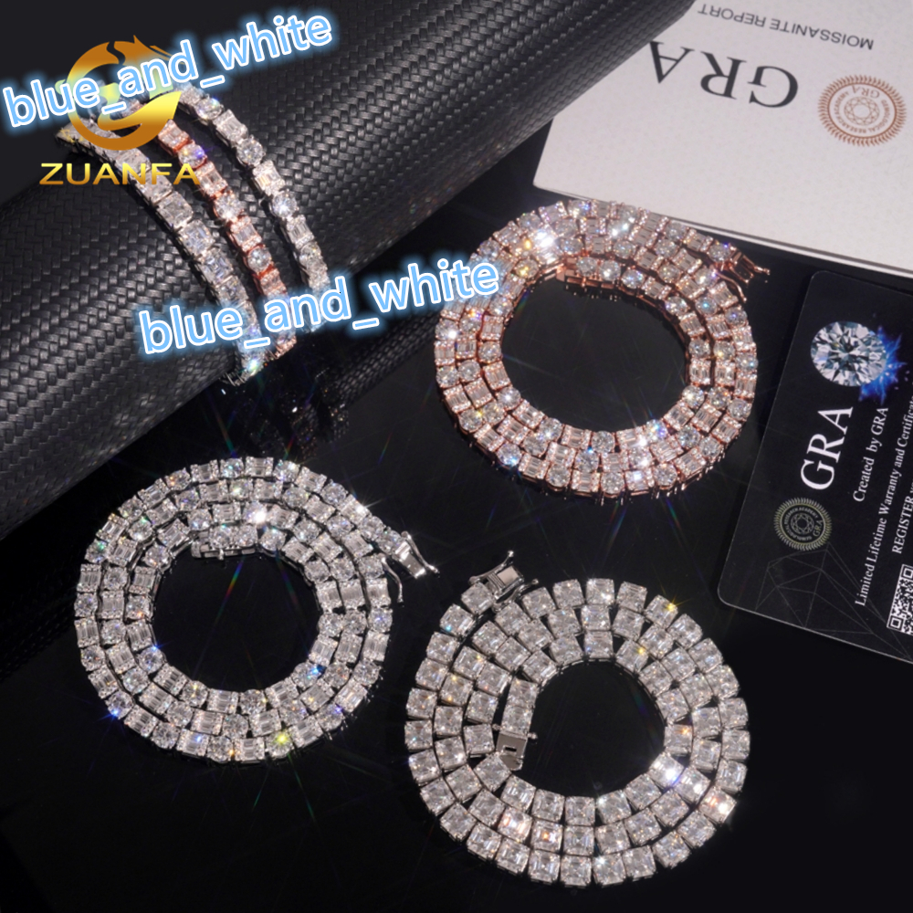 Trending Fancy Cut Moissanite Tennis Chain Necklace Asscher Emerald Baguette 925 Sterling Silver Iced Out Hip Hop Jewelry