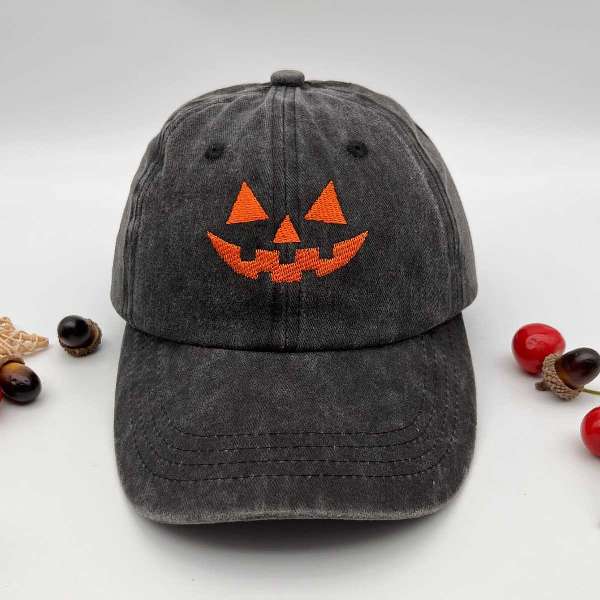 Washed Cotton Unisex Casual Baseball Cap Halloween Embroidered Pumpkin Baseball Cap H251020