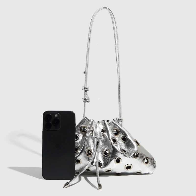 Women Metal Stud Y2k Shoulder Bag Large Capacity Retro Hollow Handbag Drawstring Crossbody Bag Shopping Vacation HandbagXJ251021