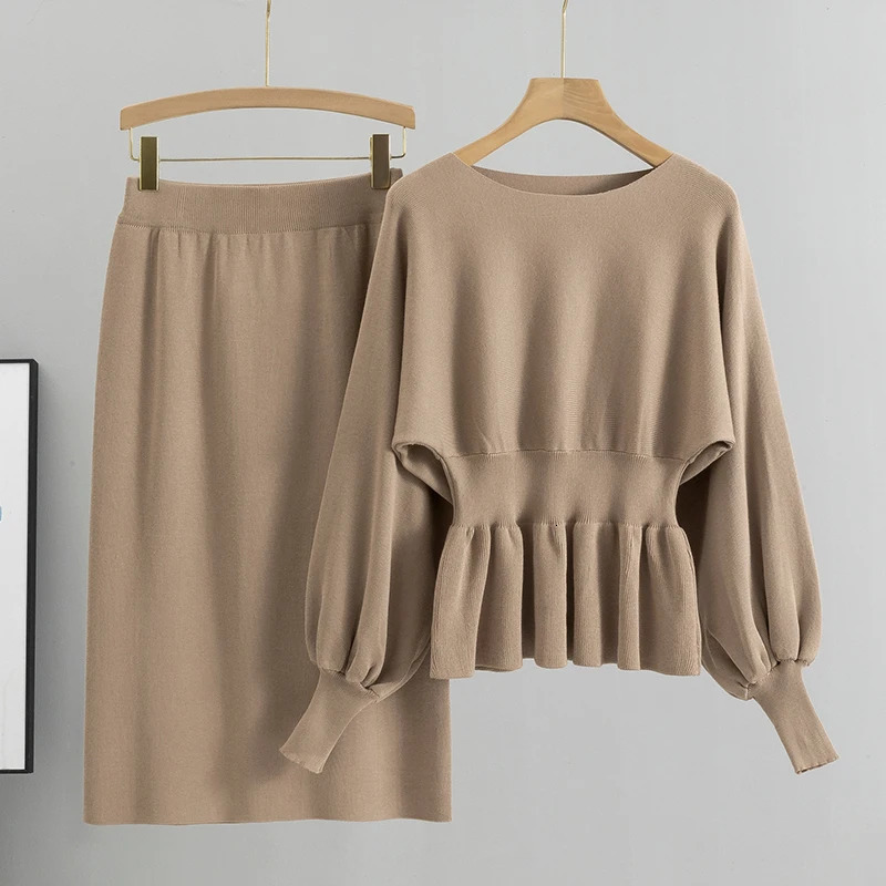Autumn Elegant 2 Two Piece Set Women Lantern Long Sleeves Crop Tops Fashion Casual Pullover Sweater Sexy High Waist Skirts Sets 251021