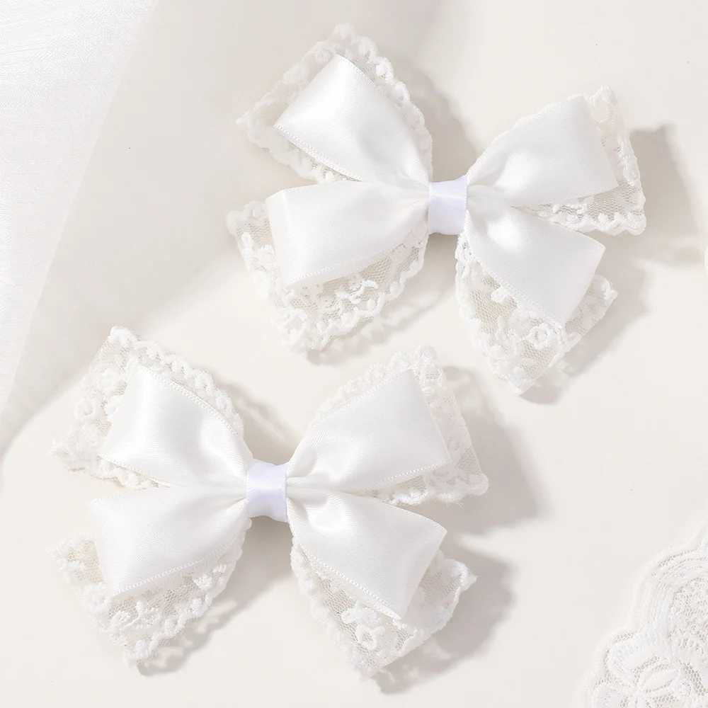2Pcslot White Lace Hair Bows Clip Girls Wedding Headwear Hairpins Ribbon Barrettes Kids Headdressr Hair AccessoriesW254021
