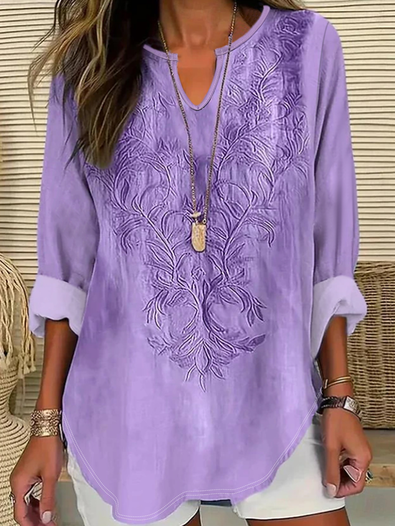 Women's Autumn & Winter Fashion Casual Small V-Neck Purple Plant Printed Long Sleeve Top, Milk Silk Semi-Circular Hem Blouse (S-XXL, Purple)-CF55