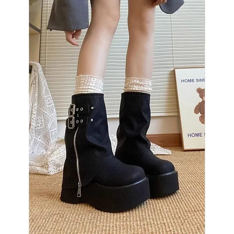 Tassel Boots for Women Retro Gothic Trend Women Boots Chelsea Mid Heels Motorcycle Boots Women Fashion Knee High Botas 251021