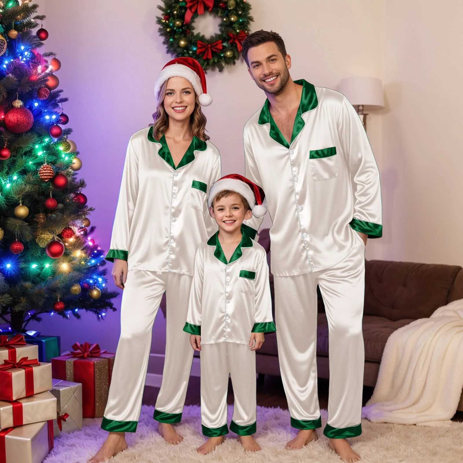 2025 Family Christmas Pajama Matching Sets Silk Satin Plus Size Casual Sleepyheads Home Wear Pajamas Holiday Hot Selling L251021ALPK