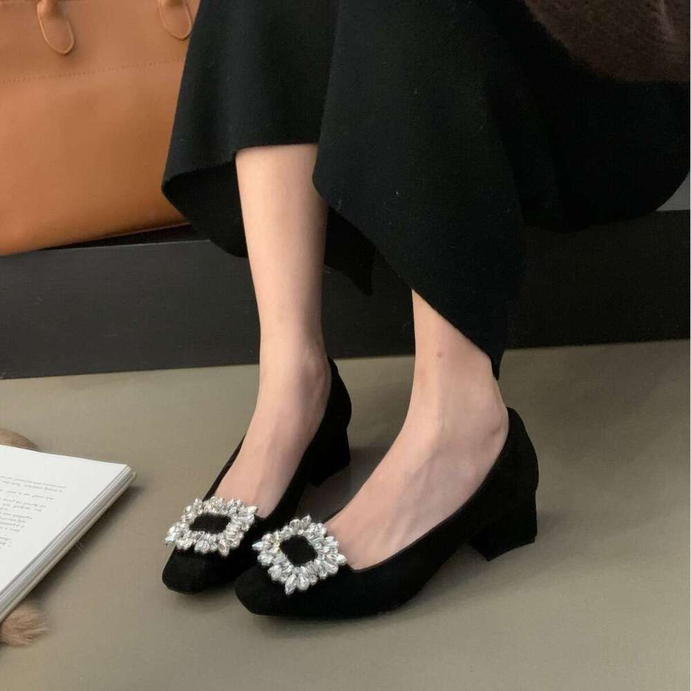 Square Toe Rhinestone French Low Heel Single 2025 Spring New Flat Designer Shoe Elegant Black Leather Commuter Shoes