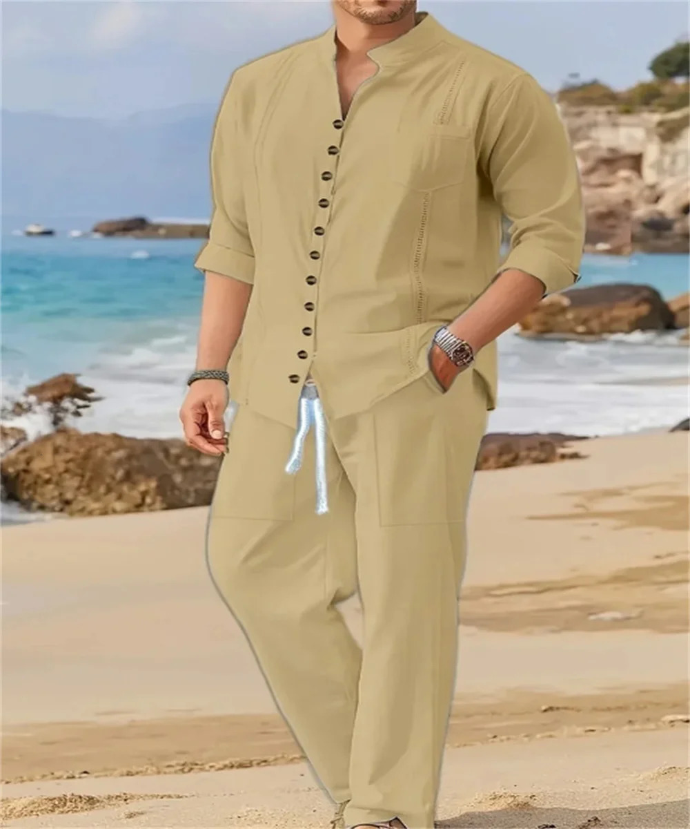 2025 Spring and autumn Cuban style fashion mens shirt trend casual multibutton stand collar loose long sleeve pants beach suit 251021