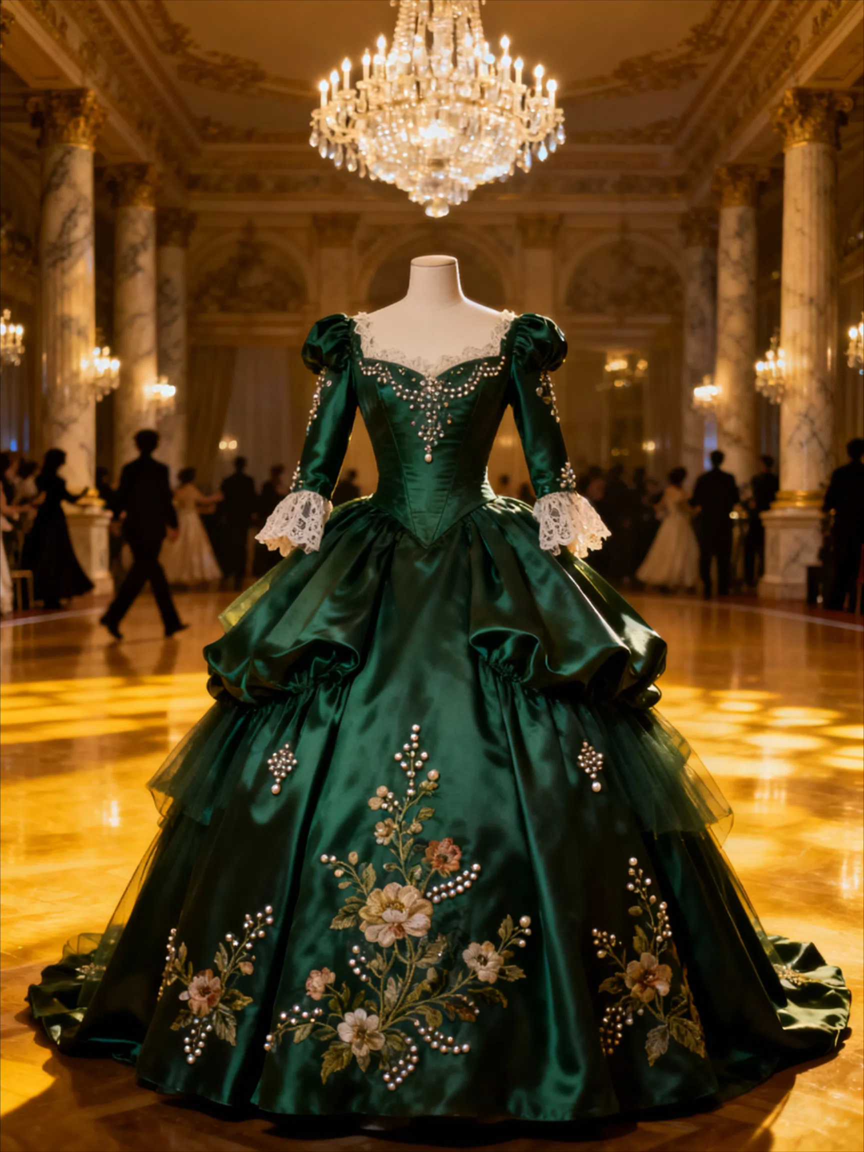 Vintage Victorian Dark Green Prom Dresses Embroidery Floral Ball Gown Satin Evening Gowns Pearls Beaded Ruched Luxurious Women Special Occasion Dress