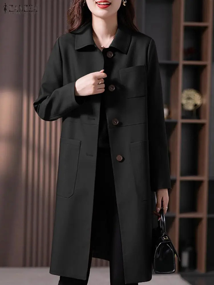 Women Autumn Trench Coats ZANZEA Fashion Lapel Long Sleeve Windbreaker Solid Outwear Office OL Coat Jackets Oversize 251017