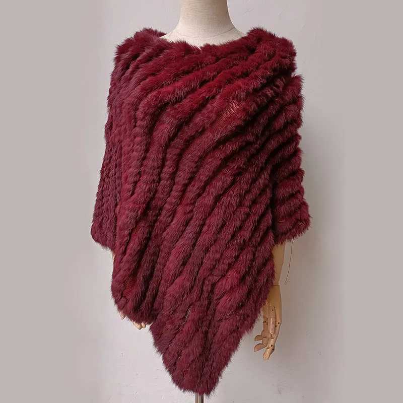 HSPL 2023 Spring Hot Sale Knitted Natural Fur Shawl Fashion Rabbit Fur Cape Shawl Genuine Rabbit Fur Women Black Fur Poncho W251021