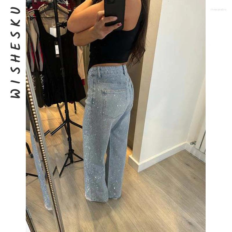 Women's Jeans Y2K Sequin Straight Zipper Wide Leg Women Loose Casual Denim Pants 2025 Spring Summer Female Trousers High Street Clothes Z260313