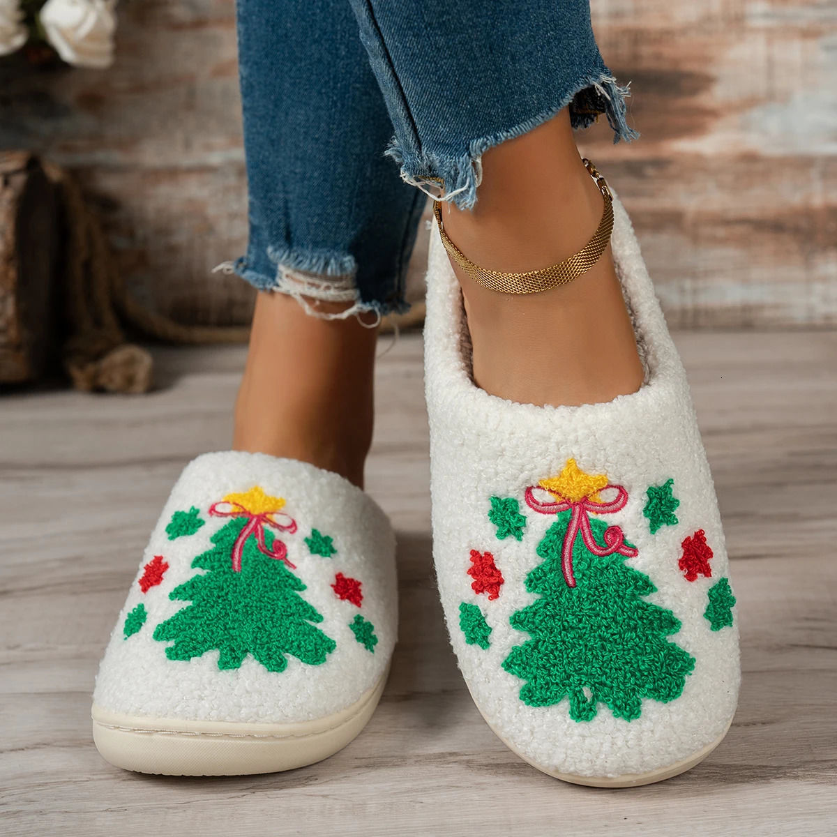 Christmas Tree Embroidery Pattern Winter Bedroom Cute Womens Slippers Cartoon Indoor Soft Casual Warm Cosy Plush Home Shoes 251021