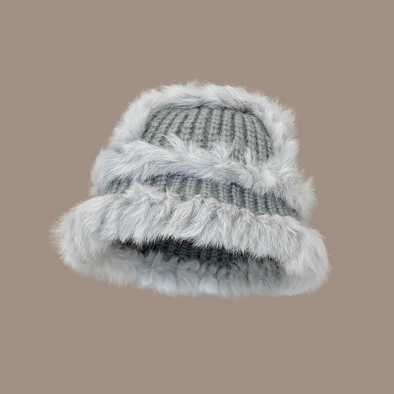 Versatile Rabbit Fur Knitted Fisherman Hat for Women Slimming Autumn and Winter Ear Protection Warm Knit Hat Plush Hat H251020
